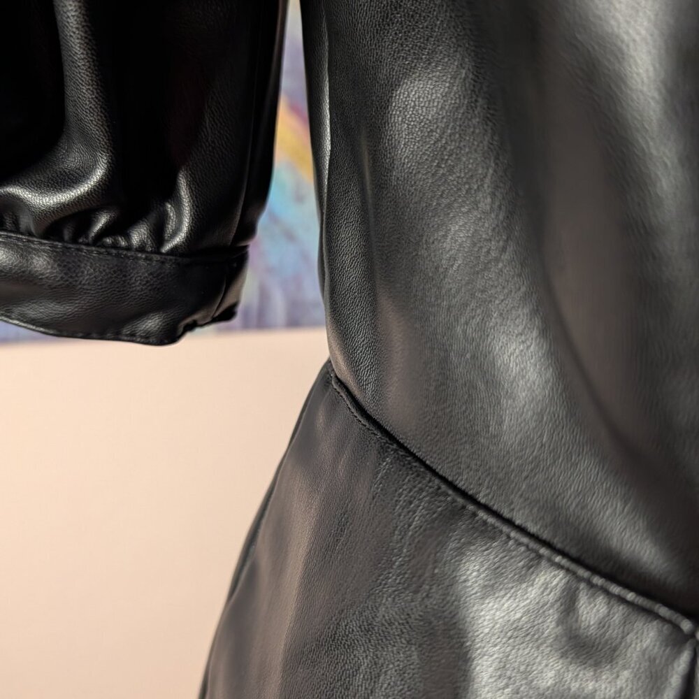 Y2K Inspired Black Faux Leather Mini Dress Size Small Puffy Short Sleeve Lined - Picture 6 of 12
